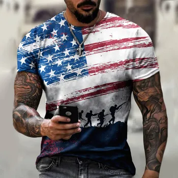 Мъжка риза с 3D принтом, лято и есен Нова тениска с изображение на знамето на САЩ с къс ръкав и звездите, 3D тениска с кръгло деколте xxs-6xl
