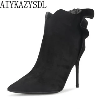 AIYKAZYSDL/2018 г. нагънат обувки с къдри На висок Ток, есенно-зимни дамски Ботильоны от изкуствен велур с цветен модел, модел обувки на висок ток, по-Големи Размери