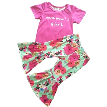 бутик летни дрехи за малките момичета, розово-червено отгоре и изгорени панталони с цветя, комплект от 2 теми, комплект дрехи с къси ръкави и букви за момичета