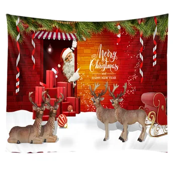Коледен гоблен, монтиран на стената 3d Дядо и лосове, семейна спалня, декорация на хола, на фона на плат