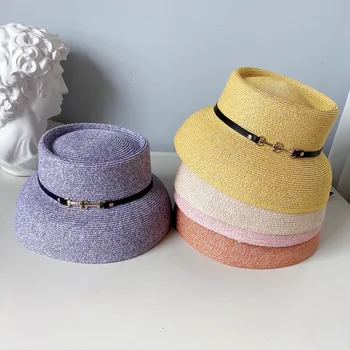 Корейски карамел цвят вогнутый надмощие лампа шапка дамски пролет лято слънцезащитен крем сламена шапка метален обтегач на колана разход на цвета на пот шапка на прилив на
