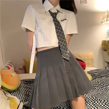 2023 мода jk униформи пълен комплект корейски, японски секси жена кратък топ за момичета, бяла риза, сива плиссированная пола комплект от две части на g836