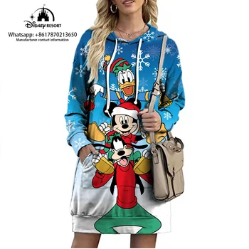 Коледен Марката Disney С Изображение на Мики и Мини маус, най-Дългата Hoody с Качулка Есен Нова Мини-Секси Рокля, Корейската Мода, Елегантни Дамски Парти 2022