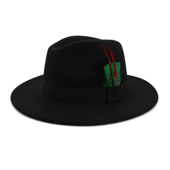 Мъжки филц шапки, дамски Прости вълнени джаз шапки с пера, Модни шапка в британския стил, есен-зима, Големи дълги Цветни шапки