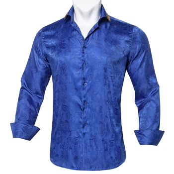 Модерна Риза За Мъжете, Коприна Блуза С Дълги Ръкави, Лято-Пролет, Тъмно синя Ежедневна Риза с Отложным яка, Мъжки Дизайнерски Върховете