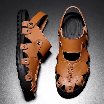 мъжки сандали от естествена кожа в римски стил 39, лека дишаща ежедневни обувки, лятна градинска обувки-гладиатор, sandalia masculina