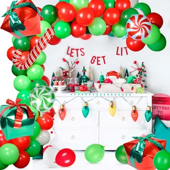 1 Коледен Комплект Червен Зелен Балон Венец Арка Комплект Конфетная Бастун Подарък Кутия Алуминиева Форма На Балон Нова Година, Рожден Ден Украса