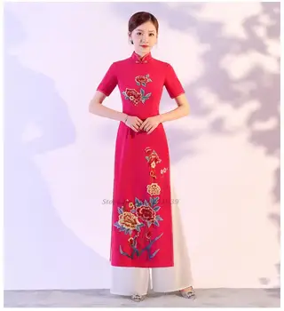 2022 традиционен комплект aodai вьетнамское рокля чонсам + панталони комплект национална бродерия на цвете винтажное рокля ципао елегантна вечерна рокля