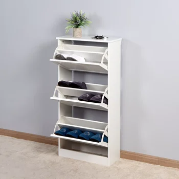 Дървен шкаф за обувки, за да антре, бяла рафтове за съхранение на обувки с 3 откидными врати на 20.94x9.45x43.11 инча [US-W]