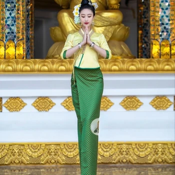 Тайландски Традиционен Костюм за Жени Пролет-Лято Върховете Блуза, Дълга Пола Комплекти Ежедневни Облекла Тайланд Дрехи Рокля за Дамите