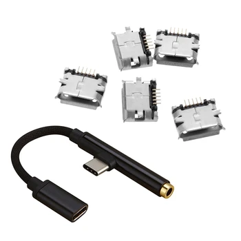 5 бр. Конектор Micro-B USB с конектор 2в1 Type-C към конектора USB-C Aux Кабел за Адаптер за слушалки За Huawei P20 Xiaomi