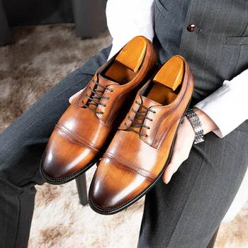 Мъжки официални кожени обувки На плоска подметка, черни, Кафяви мъжки Модел обувки От Естествена Кожа, Модни Луксозни Сватбени Елегантни обувки-Oxfords