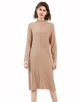 Женствена рокля-пуловер Zhili от 100% кашмир с имитация на шията Свободно, Намаляване, Вязаное Рокля-пуловер миди с Дълъг Ръкав