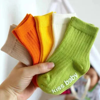 Детски чорапи на пода, мини, детски чорапи-тръба ярки цвята, Обикновен Памучни чорапи с начесом за деца, 5 двойки, 1-3 г.