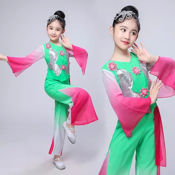 Китайски стил Hanfu нов стил на детски дрехи Yangko национални танцови костюми фанатский танц, класически танцови за изпълнения