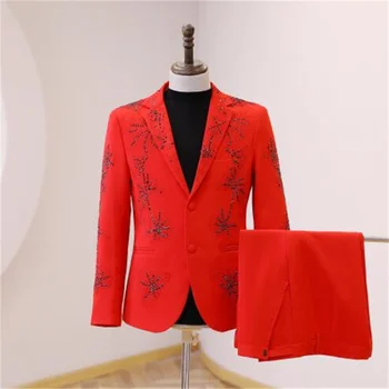 Нови костюми комплект мъжки блейзери червен ярък тухла якета мода банкетна гост водещ рокля сценична облекло на певицата танцови костюми hommes