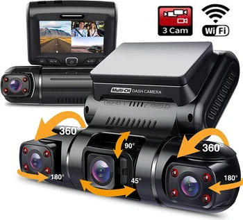 WiFi Автомобилен Видеорекордер 2K + 1080P + 1080P Автомобилен Видеорекордер 3 Камера Рекордер за Обратно виждане, Паркинг Монитор Авто Dvr за Нощно виждане G-сензор