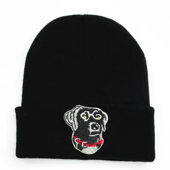 Памучен черно куче с бродерия, утепленная вязаная шапка зимна топла капачка, капачка-бини, шапка за деца, мъже, жени, 273