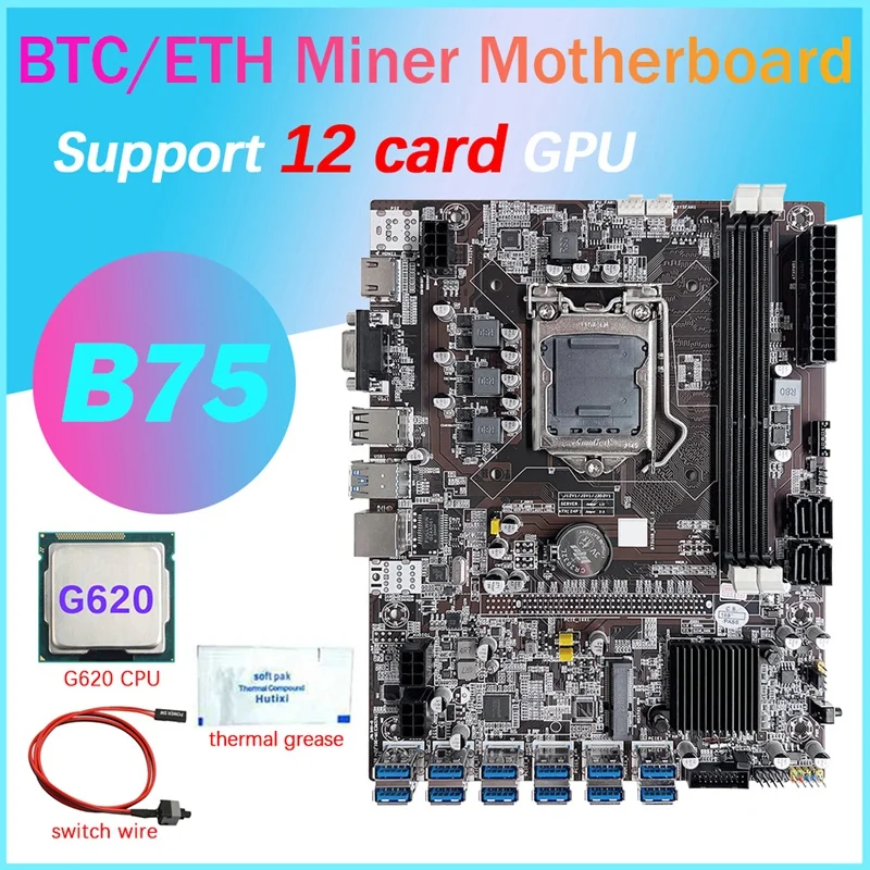 B75 12 Карта на GPU БТК дънна Платка за майнинга + процесор G620 + Термопаста + Кабел превключвател 12XUSB3.0 (PCIE) Слот LGA1155 DDR3 Оперативна памет, MSATA Изображение 0
