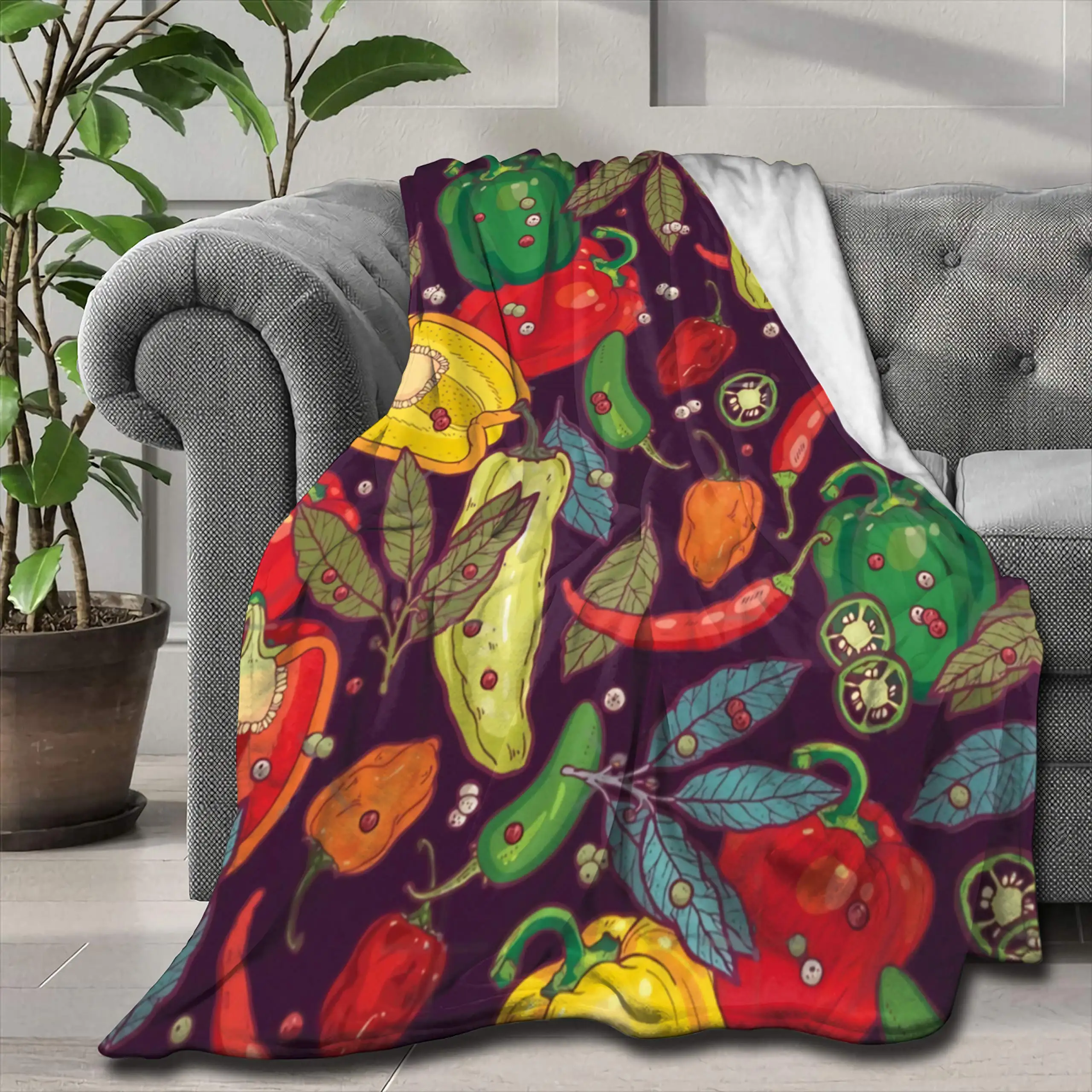 Тематично Фланелевое Одеяло със зеленчуци и плодове, Пъстър Свеж Чили на Дивана в Хола, Лесен Двоен Разтегателен диван за Деца и Възрастни Изображение 0