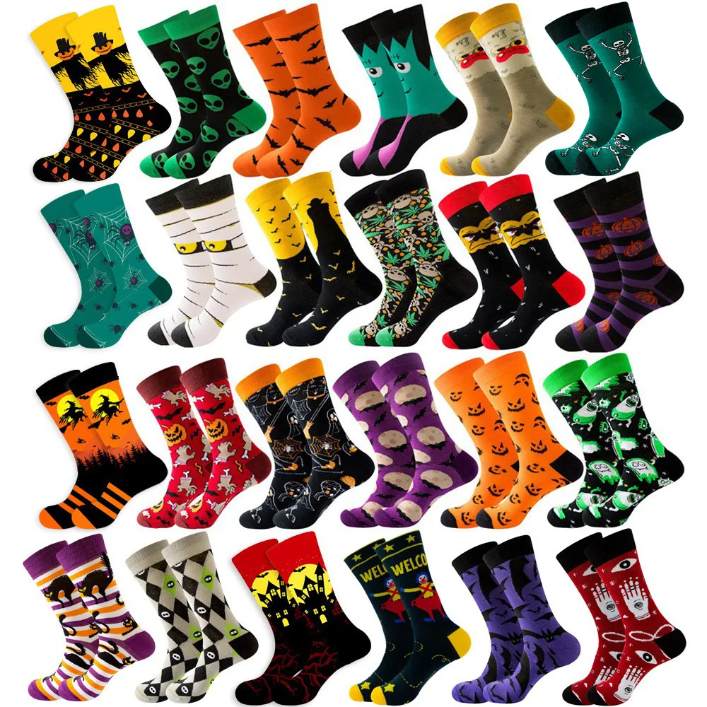 20 Двойки Анимационни Модни Мъжки Чорапи за Деня на вси Светии, Памучни Абсорбиращи Потта Чорапи със Средна Дължина За Момчета, Чорапи за Хелоуин, Есен-Зима Изображение 0