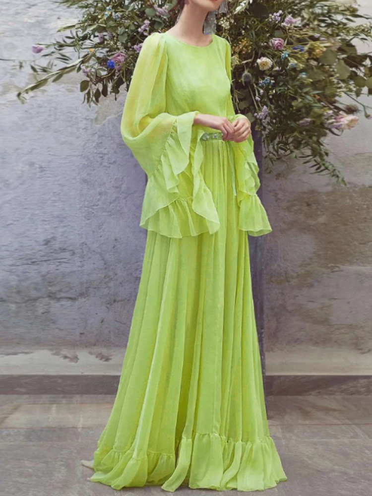 Зелена рокля от висок клас във френски стил, Пролет 2022, Нова Мода, Красива рокля с Дълъг Ръкав в стил Мори, с Къдри, Голяма Люлка, Темпераментное рокля Макси Изображение 5