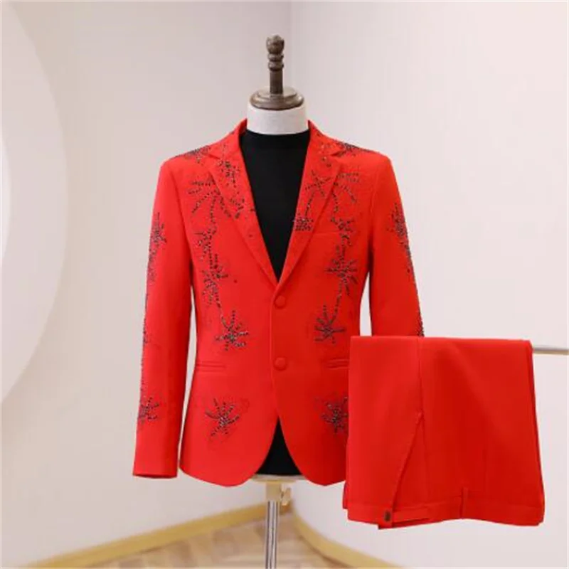 Нови костюми комплект мъжки блейзери червен ярък тухла якета мода банкетна гост водещ рокля сценична облекло на певицата танцови костюми hommes Изображение 0