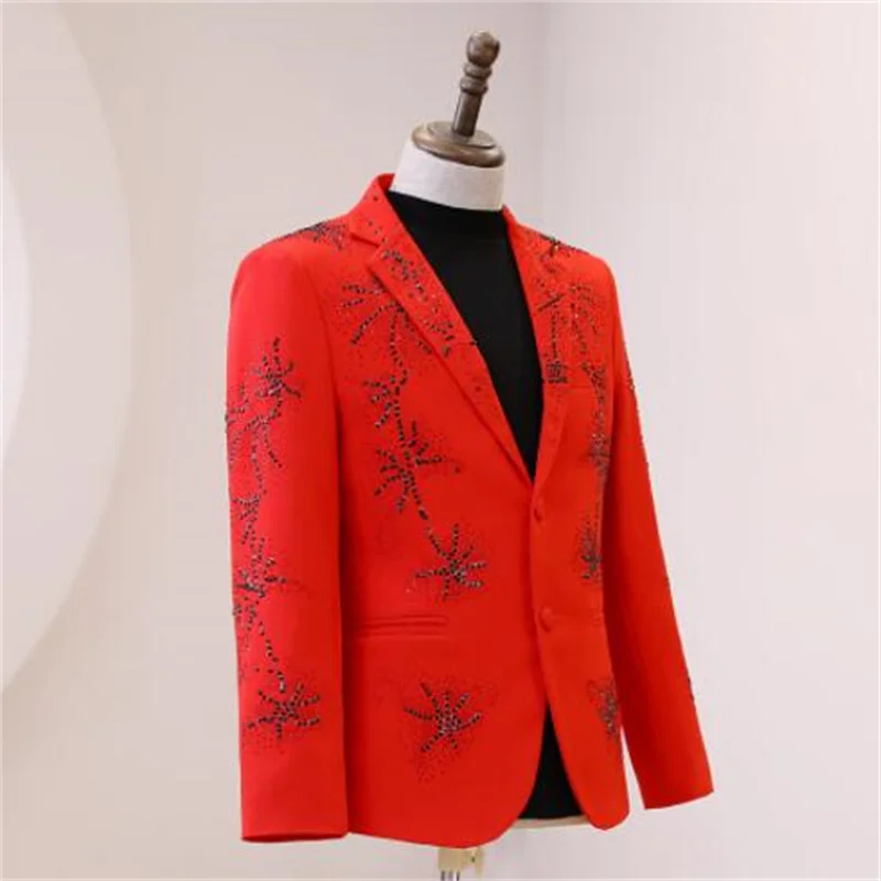 Нови костюми комплект мъжки блейзери червен ярък тухла якета мода банкетна гост водещ рокля сценична облекло на певицата танцови костюми hommes Изображение 1