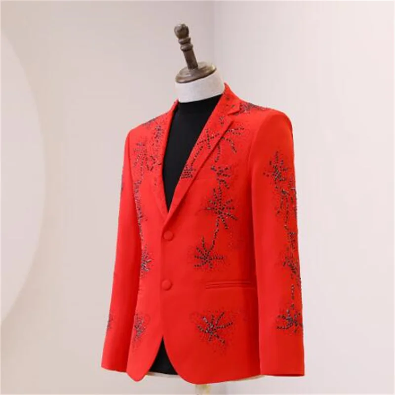 Нови костюми комплект мъжки блейзери червен ярък тухла якета мода банкетна гост водещ рокля сценична облекло на певицата танцови костюми hommes Изображение 2
