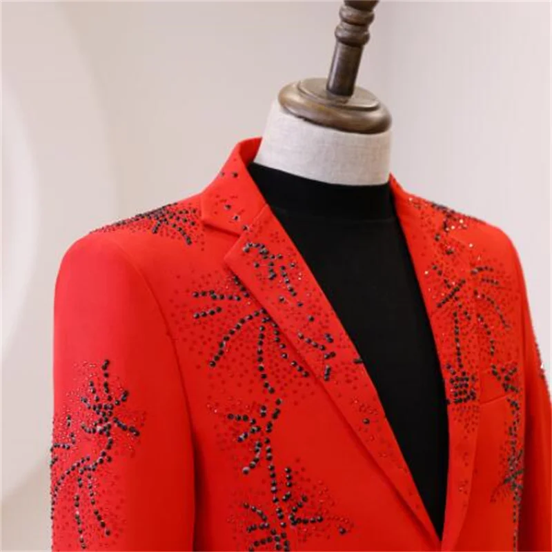 Нови костюми комплект мъжки блейзери червен ярък тухла якета мода банкетна гост водещ рокля сценична облекло на певицата танцови костюми hommes Изображение 3
