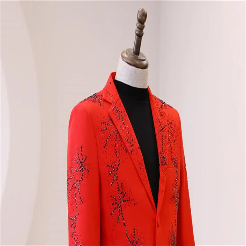 Нови костюми комплект мъжки блейзери червен ярък тухла якета мода банкетна гост водещ рокля сценична облекло на певицата танцови костюми hommes Изображение 5